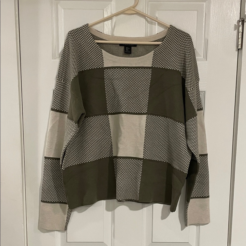 Tahari Olive and Cream Checkered Sweater